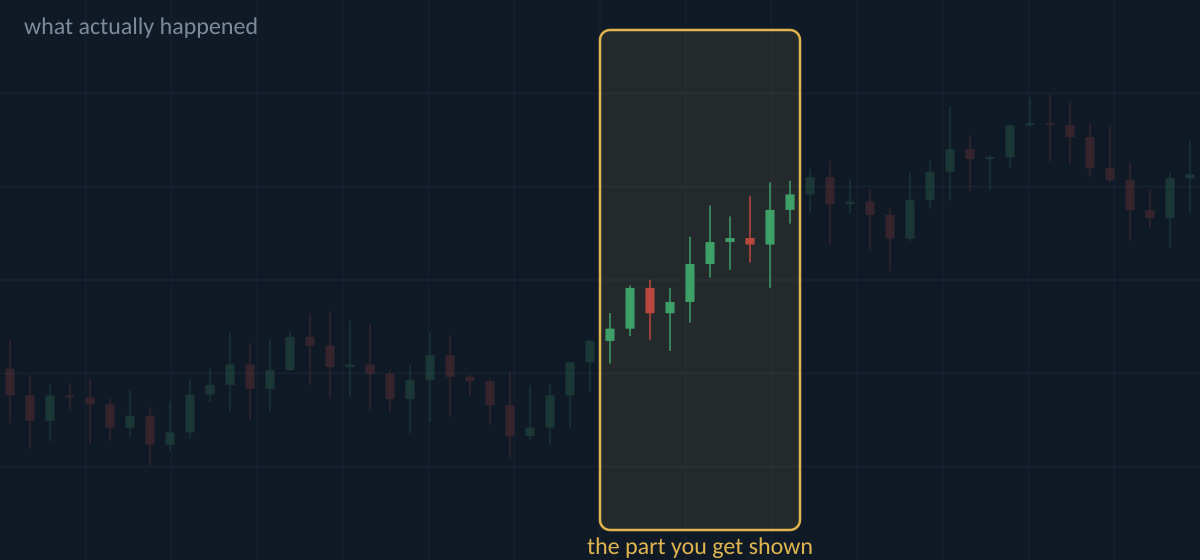 A chart where only one rising section is highlighted and labelled the part you get shown, with the surrounding price action labelled what actually happened